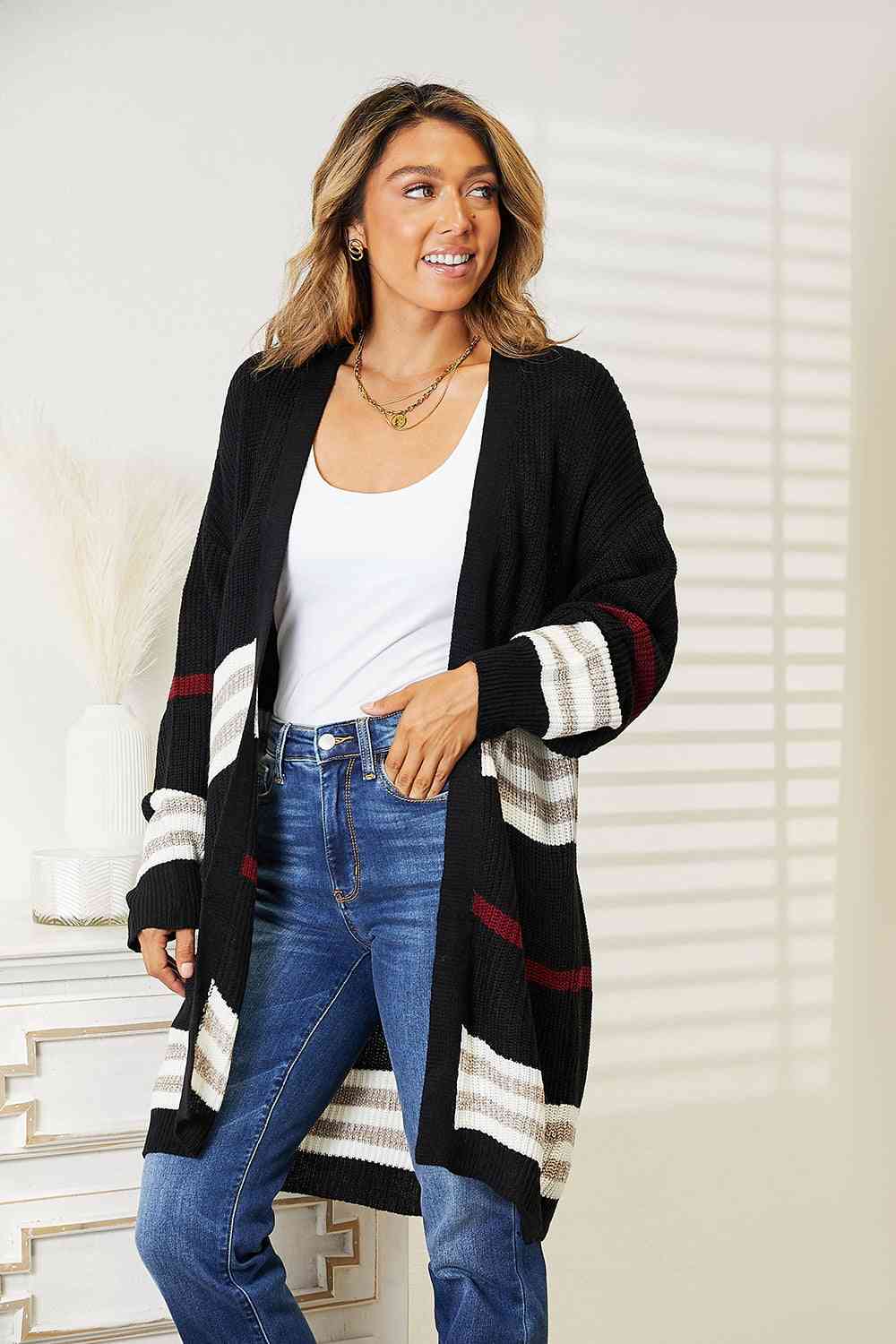 Double Take Striped Rib-Knit Drop Shoulder Open Front Cardigan Cardigan Trendsi   