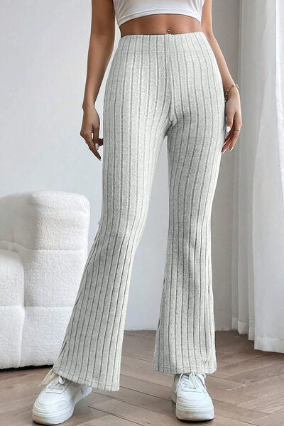 Basic Bae Full Size Ribbed High Waist Flare Pants Pants Trendsi Light Gray S 