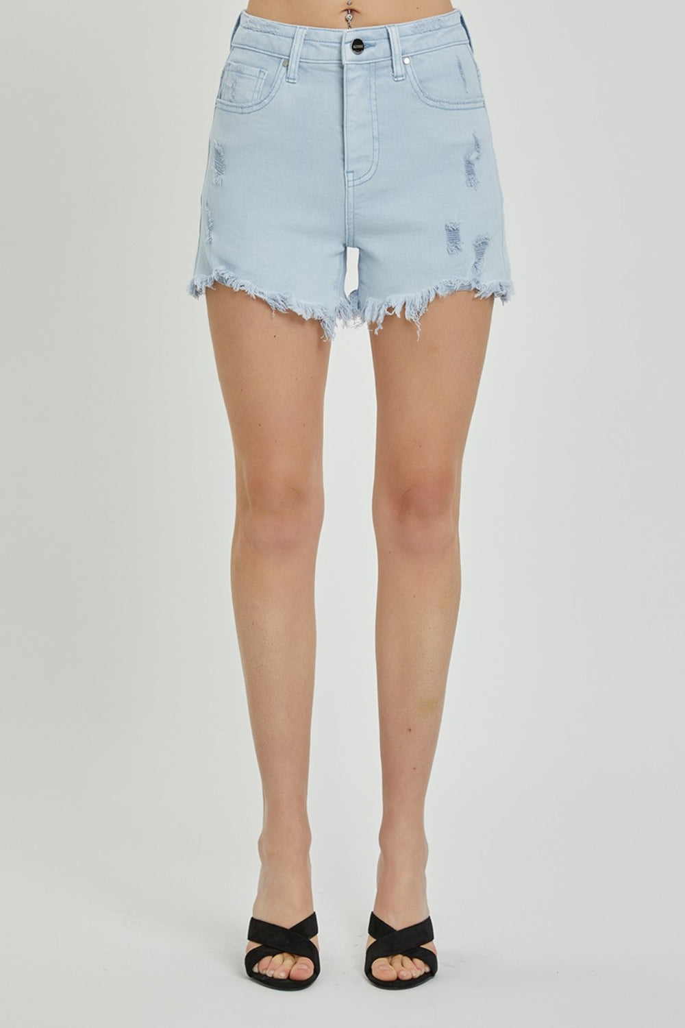 RISEN Full Size High Rise Distressed Detail Denim Shorts Denim Shorts Trendsi   