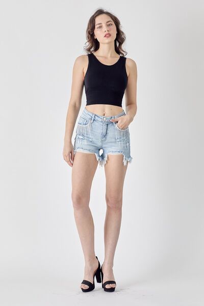 RISEN Frayed Hem Denim Shorts with Fringe Detail Pockets - NeoKira Unlimited