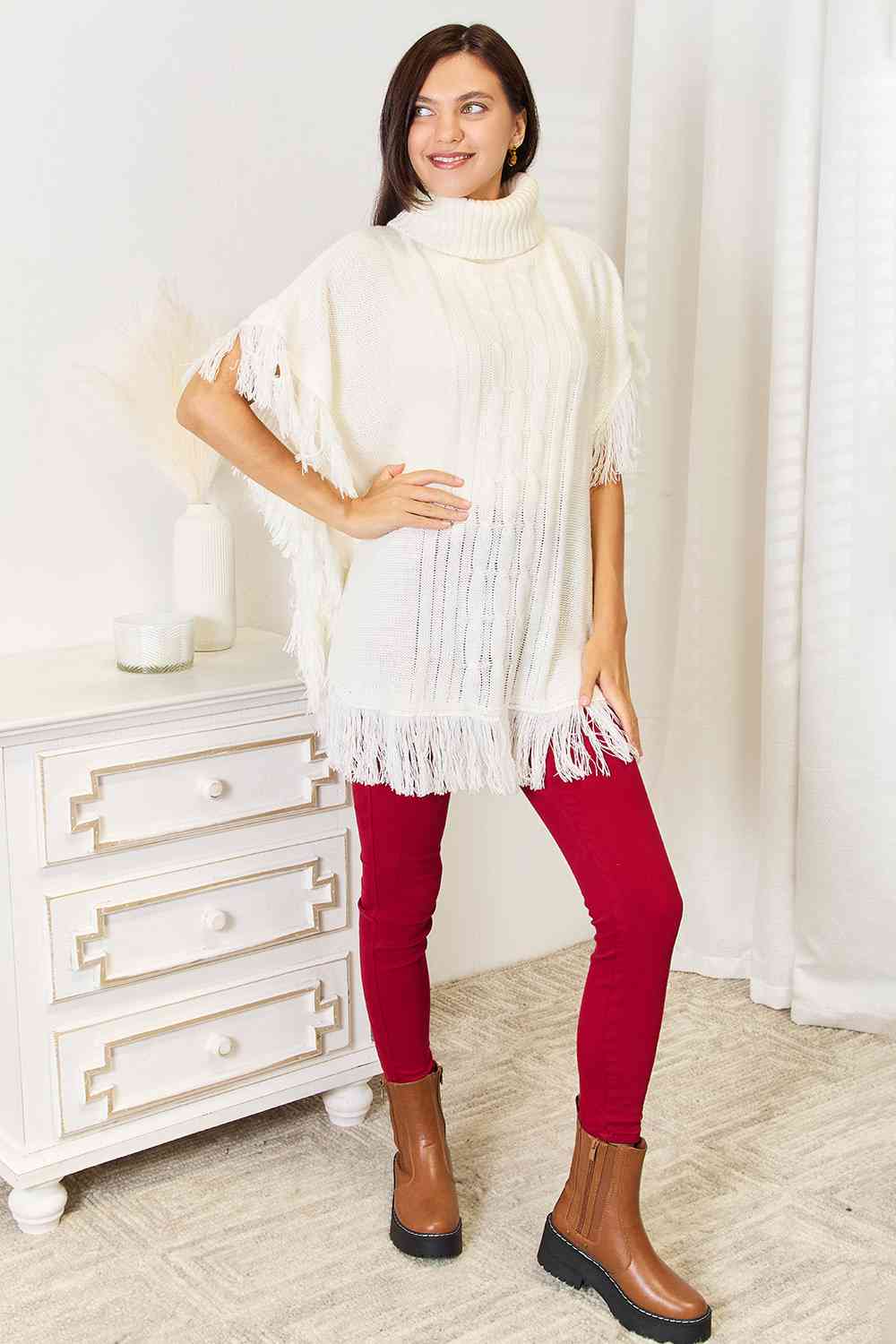 Justin Taylor Turtle Neck Fringe Poncho Ponchos Trendsi   