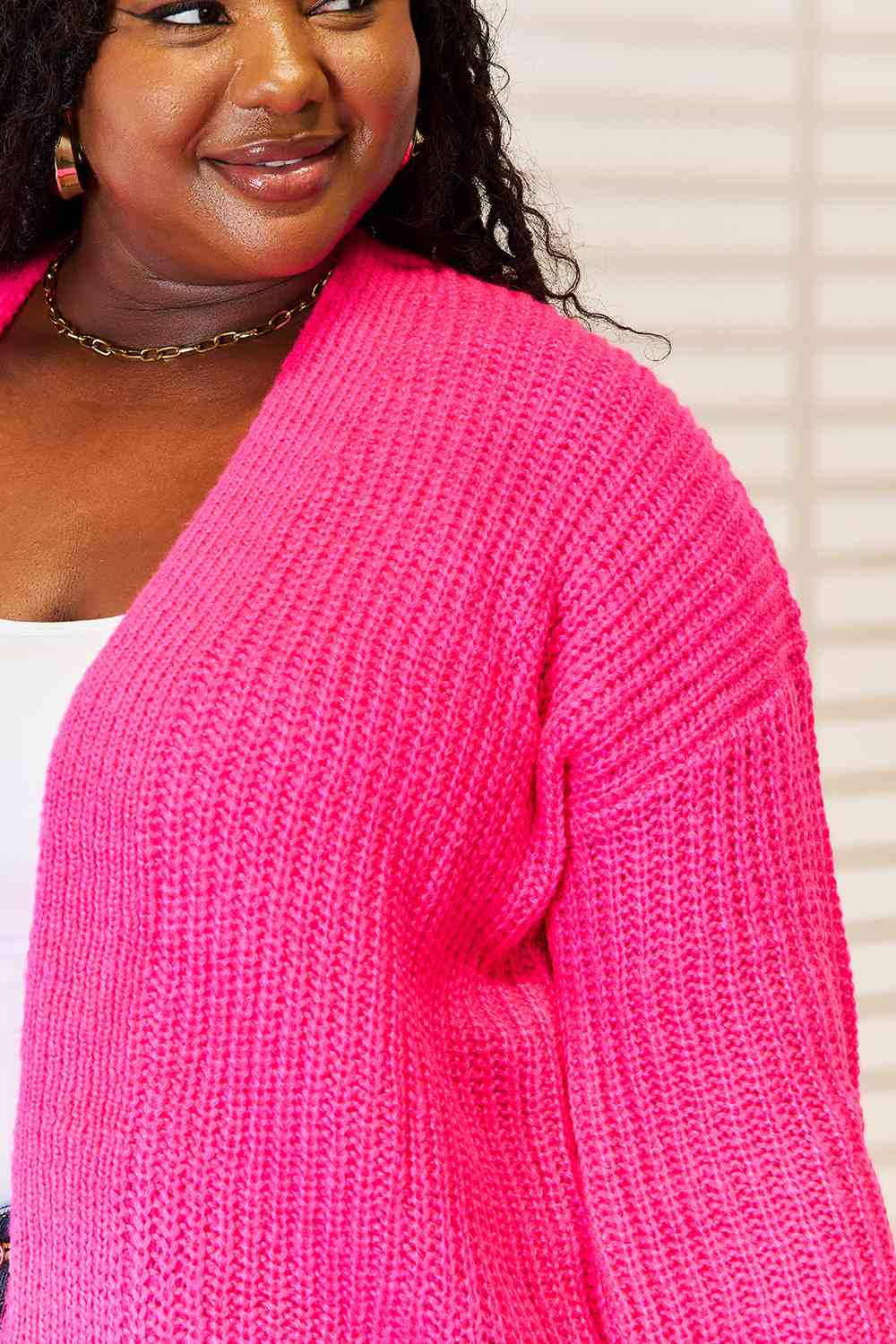 Woven Right Rib-Knit Open Front Drop Shoulder Cardigan - NeoKira Unlimited