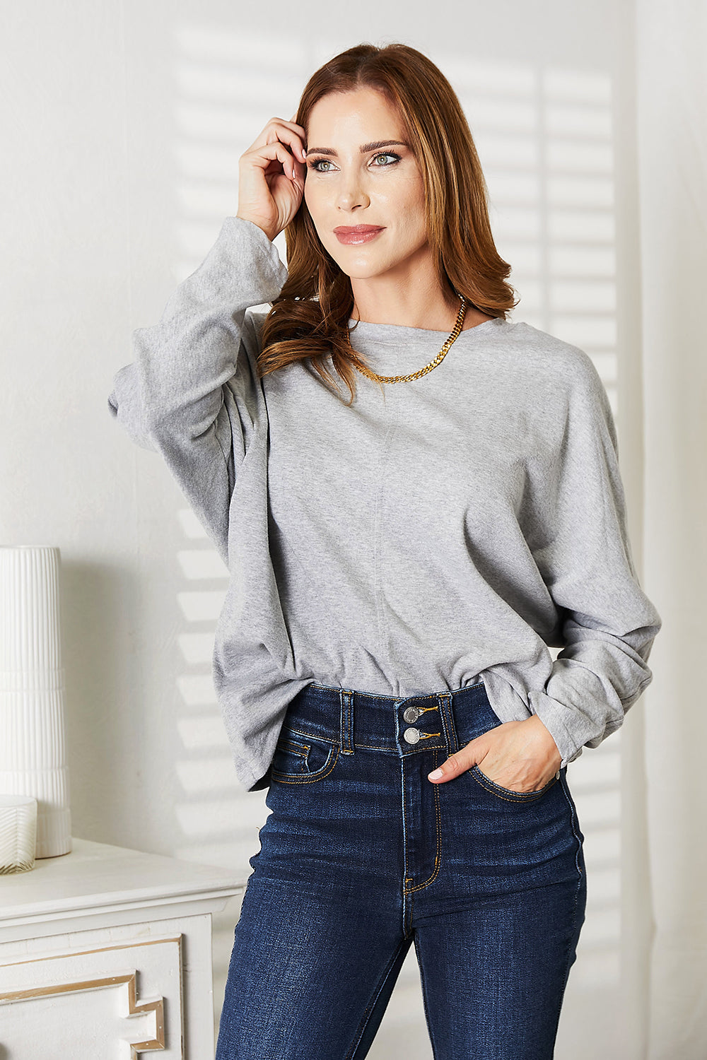 Double Take Seam Detail Round Neck Long Sleeve Top - NeoKira Unlimited