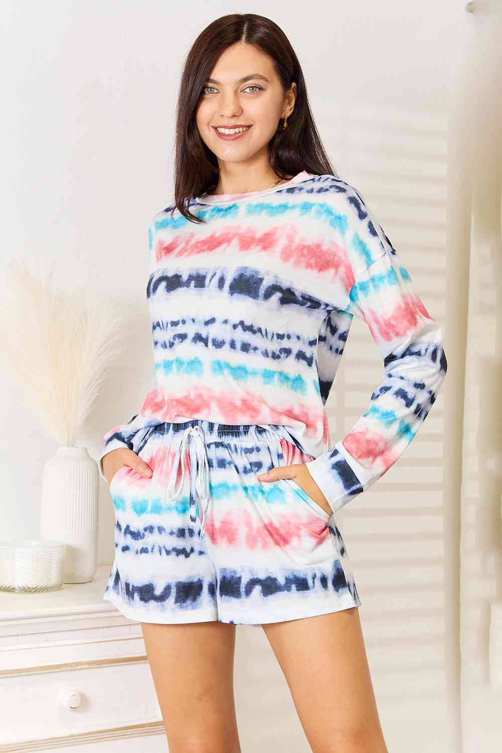 Double Take Tie-Dye Dropped Shoulder Lounge Set Loungewear Trendsi   