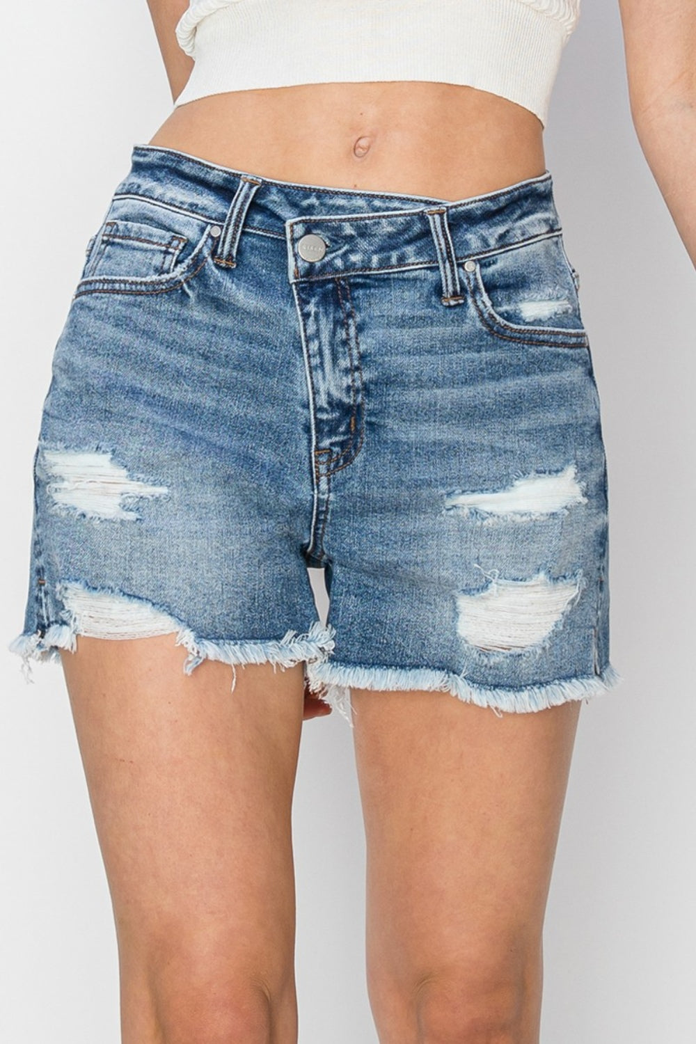RISEN Stepped Waist Frayed Denim Shorts - NeoKira Unlimited