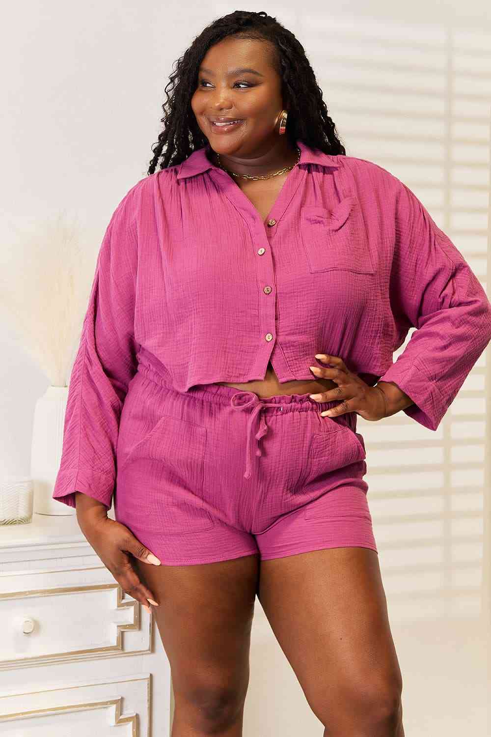 Basic Bae Buttoned Long Sleeve Top and Shorts Set - NeoKira Unlimited