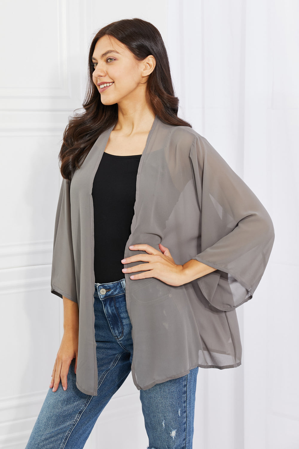 Melody Just Breathe Full Size Chiffon Kimono in Grey Kimono Trendsi   