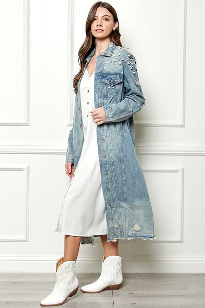 Veveret Full Size Distressed Raw Hem Pearl Detail Button Up Jacket Jacket Trendsi   