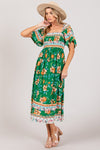 SAGE + FIG Printed Smocked Short Sleeve Midi Dress Midi Dress Trendsi   