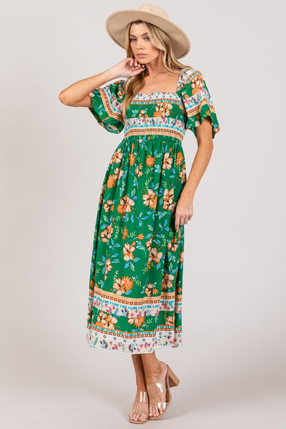 SAGE + FIG Printed Smocked Short Sleeve Midi Dress - NeoKira Unlimited