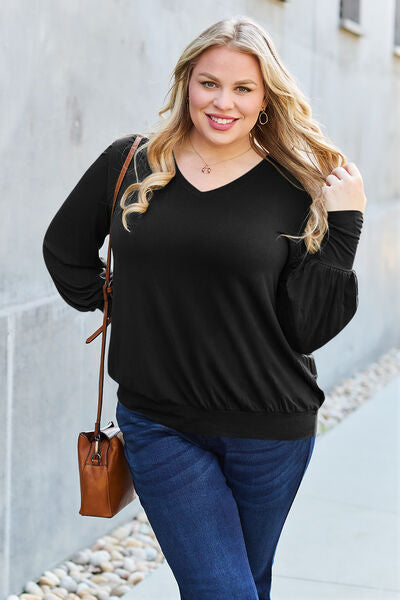 Basic Bae Full Size V-Neck Lantern Sleeve Blouse Top Trendsi   