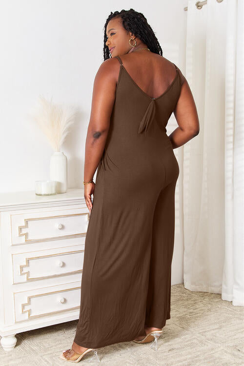 Double Take Full Size Soft Rayon Spaghetti Strap Tied Wide Leg Jumpsuit - NeoKira Unlimited