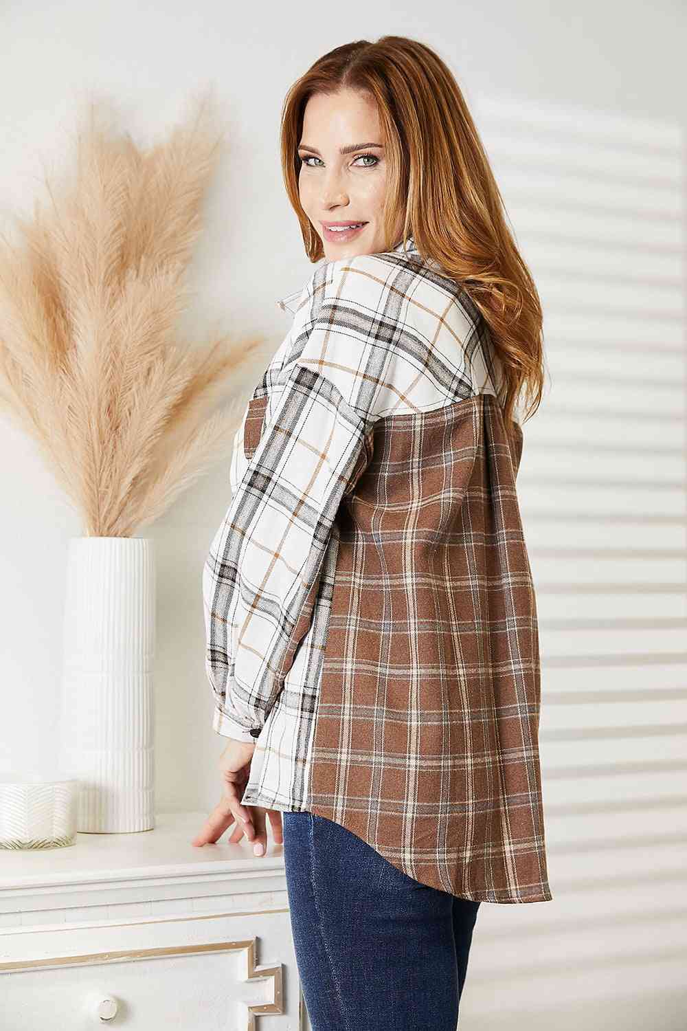 Double Take Plaid Contrast Button Up Shirt Jacket - NeoKira Unlimited