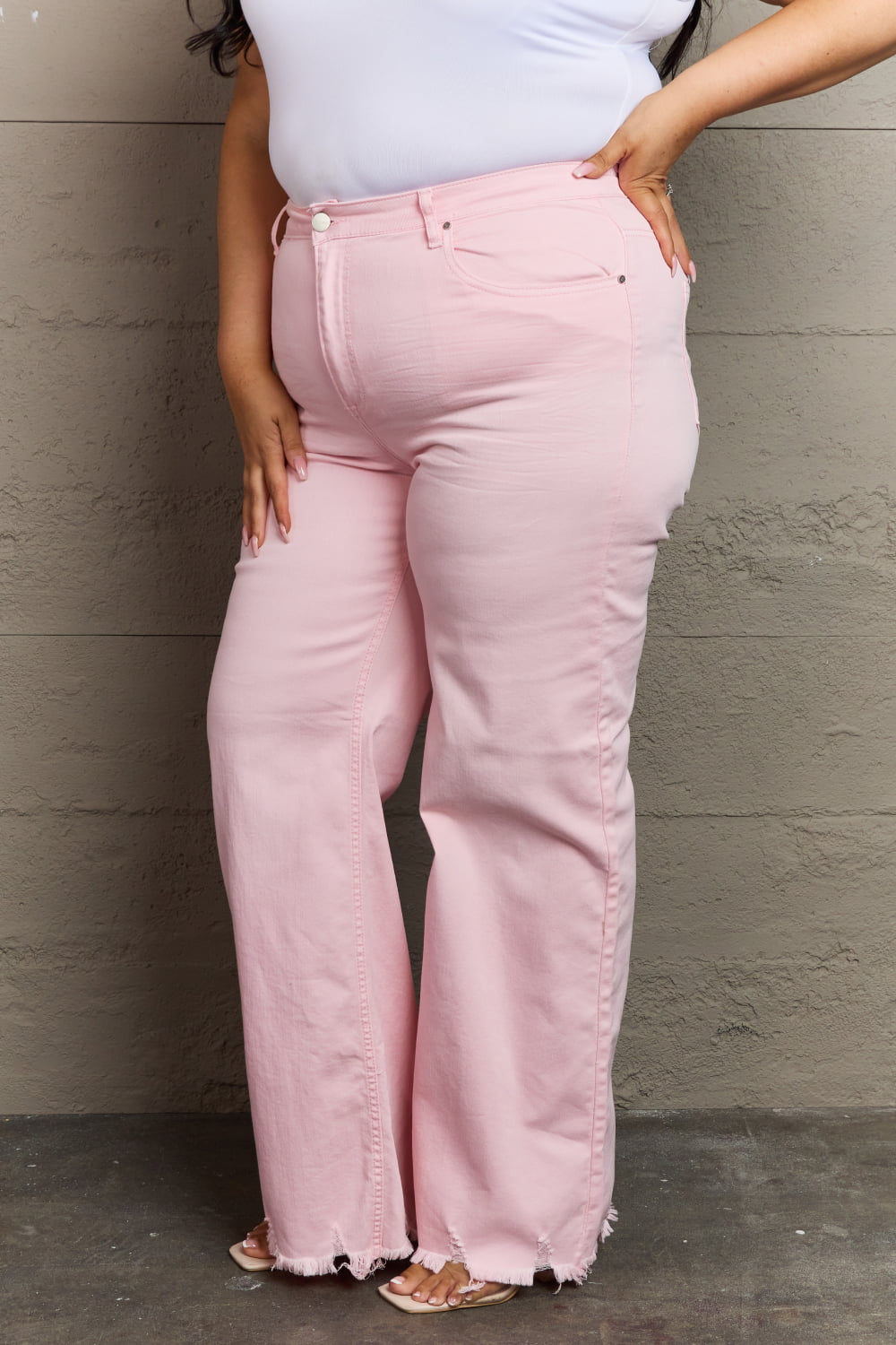 RISEN Raelene Full Size High Waist Wide Leg Jeans in Light Pink Jeans Trendsi   