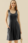 Doublju Full Size Round Neck Ruched Sleeveless Dress with Pockets Mini Dress Trendsi   