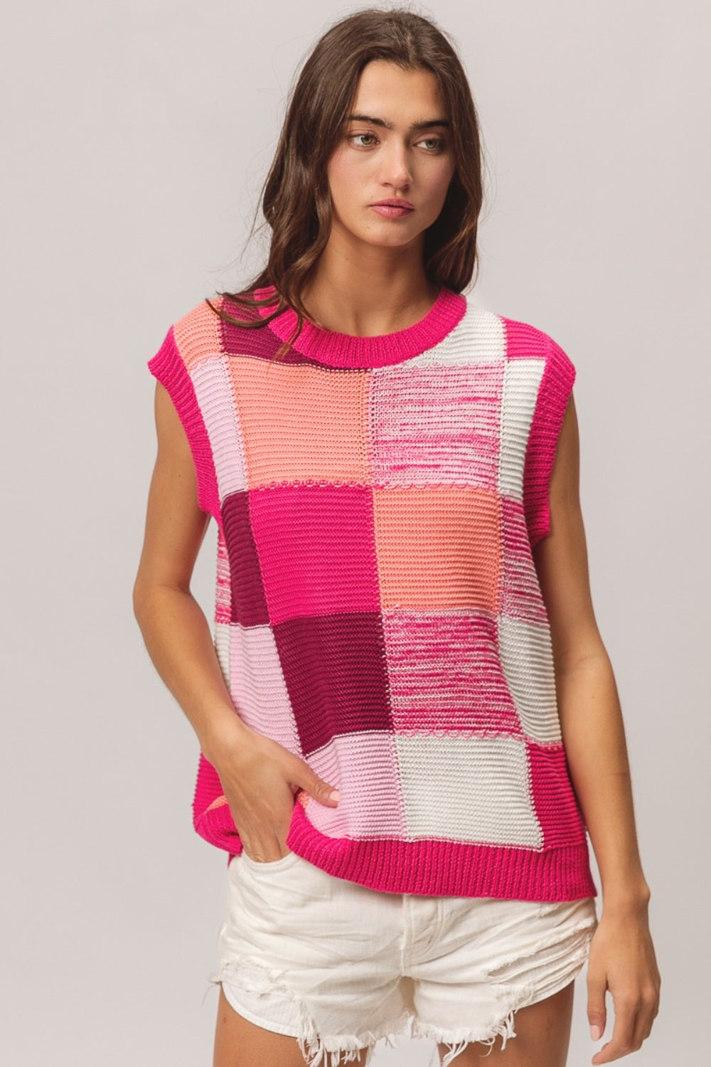 BiBi Color Block Round Neck Sweater Vest - NeoKira Unlimited