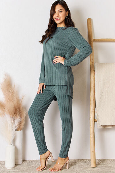 Basic Bae Full Size Ribbed Round Neck High-Low Slit Top and Pants Set - NeoKira Unlimited