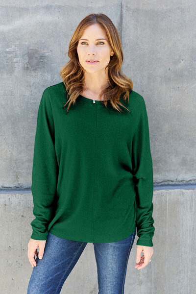 Double Take Full Size Round Neck Long Sleeve T-Shirt Top Trendsi Green S 