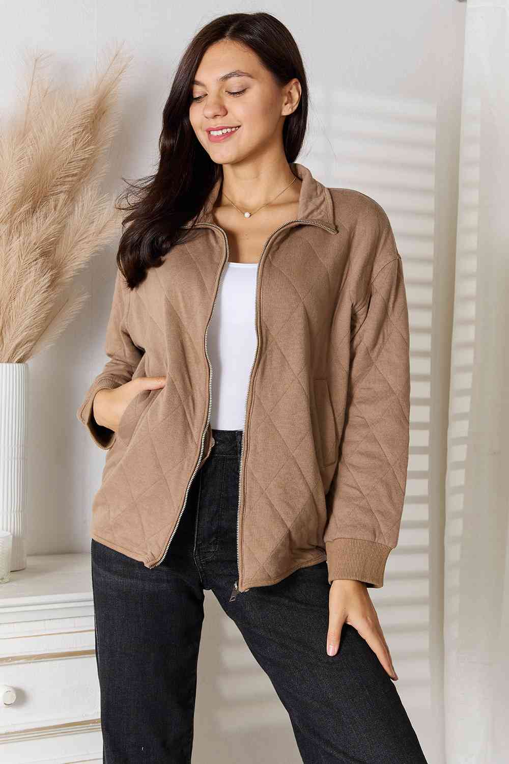 Heimish Full Size Zip-Up Jacket with Pockets Jacket Trendsi Mocha S 