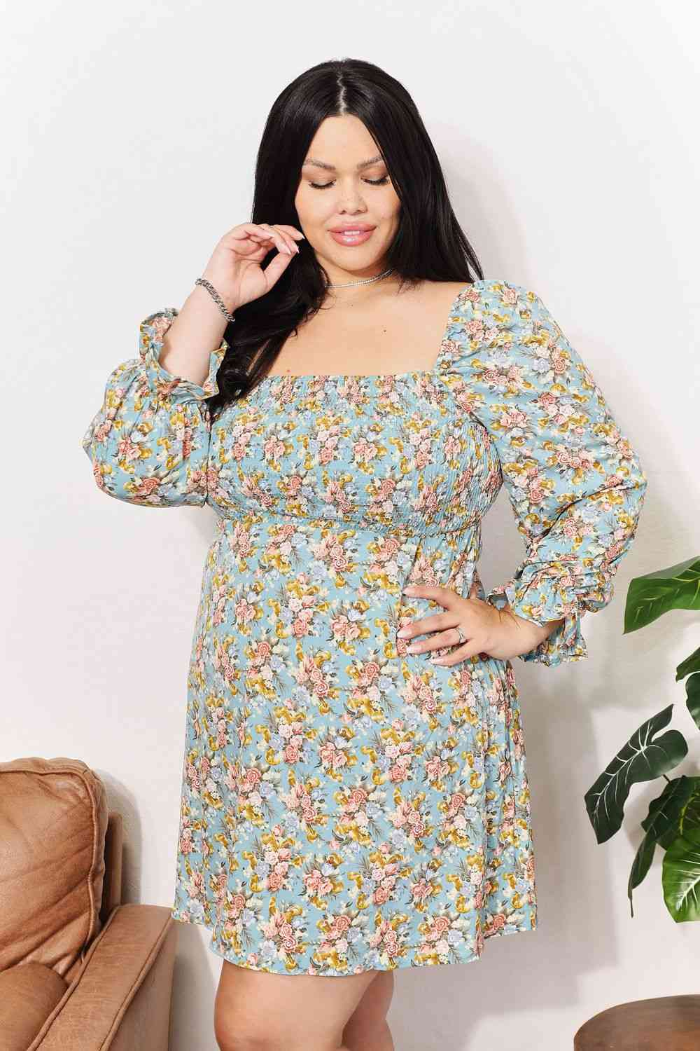 Honey Floral Smocked Flounce Sleeve Square Neck Dress - NeoKira Unlimited