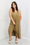 Zenana Full Size Spaghetti Strap Tiered Dress with Pockets in Khaki Maxi Dress Trendsi   