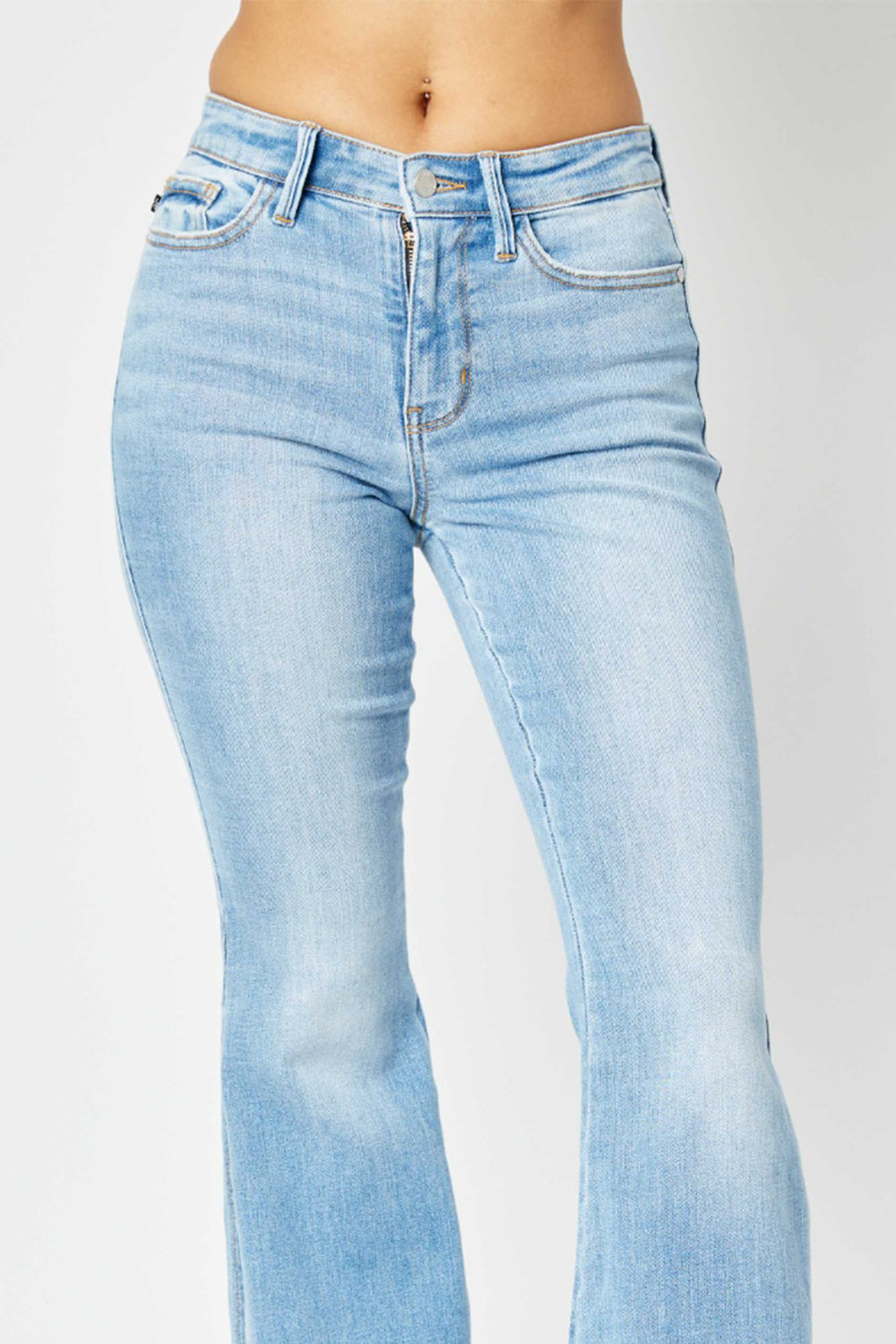 Judy Blue Full Size Mid Rise Raw Hem Slit Flare Jeans Jeans Trendsi   