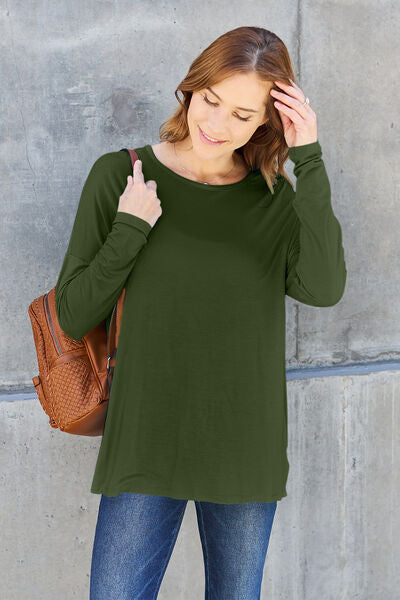 Basic Bae Full Size Round Neck Dropped Shoulder Shirt Top Trendsi Army Green S 