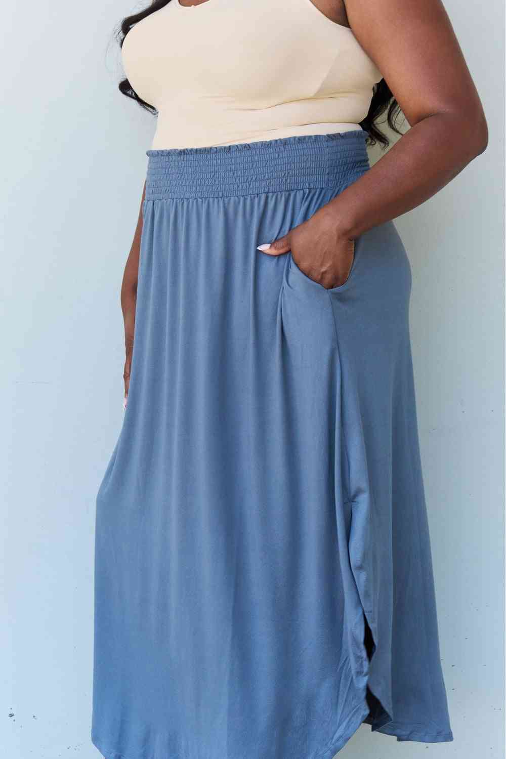 Doublju Comfort Princess Full Size High Waist Scoop Hem Maxi Skirt in Dusty Blue Skirt Trendsi   