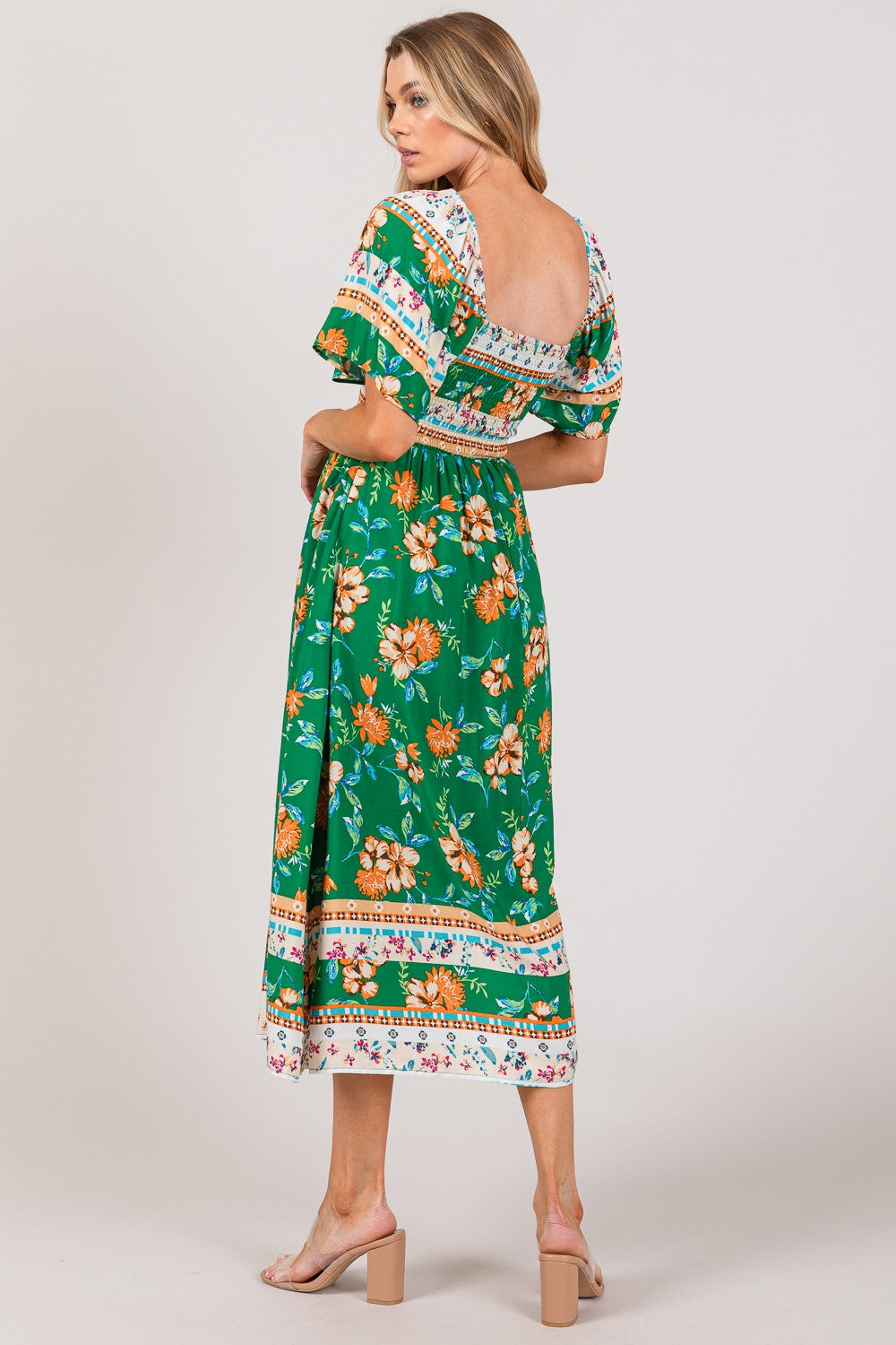SAGE + FIG Printed Smocked Short Sleeve Midi Dress - NeoKira Unlimited