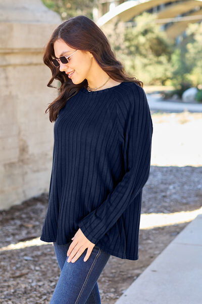 Basic Bae Full Size Ribbed Round Neck Long Sleeve Knit Top - NeoKira Unlimited