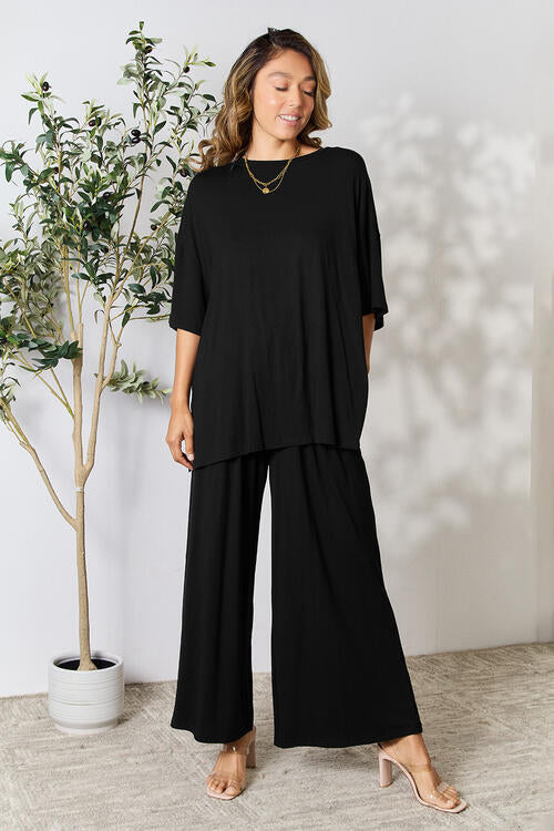 Double Take Full Size Round Neck Slit Top and Pants Set - NeoKira Unlimited