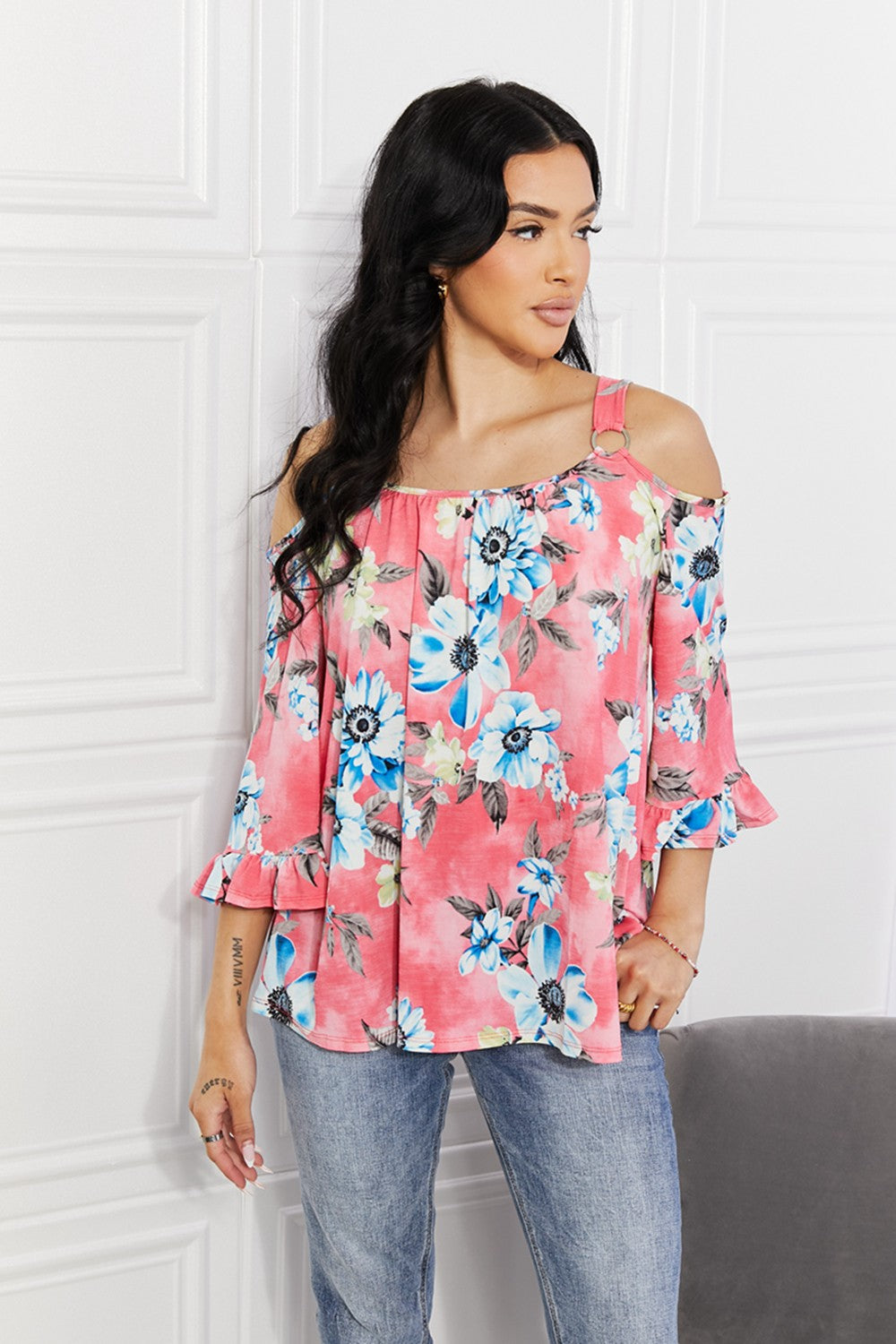 Sew In Love Full Size Fresh Take Floral Cold-Shoulder Top - NeoKira Unlimited