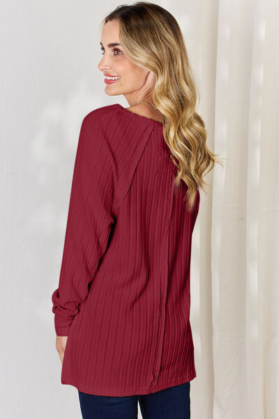 Basic Bae Full Size Ribbed Round Neck Slit Shirt - NeoKira Unlimited
