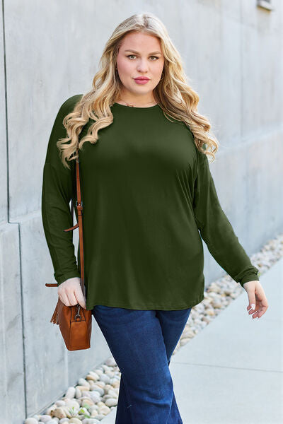 Basic Bae Full Size Round Neck Dropped Shoulder Shirt - NeoKira Unlimited
