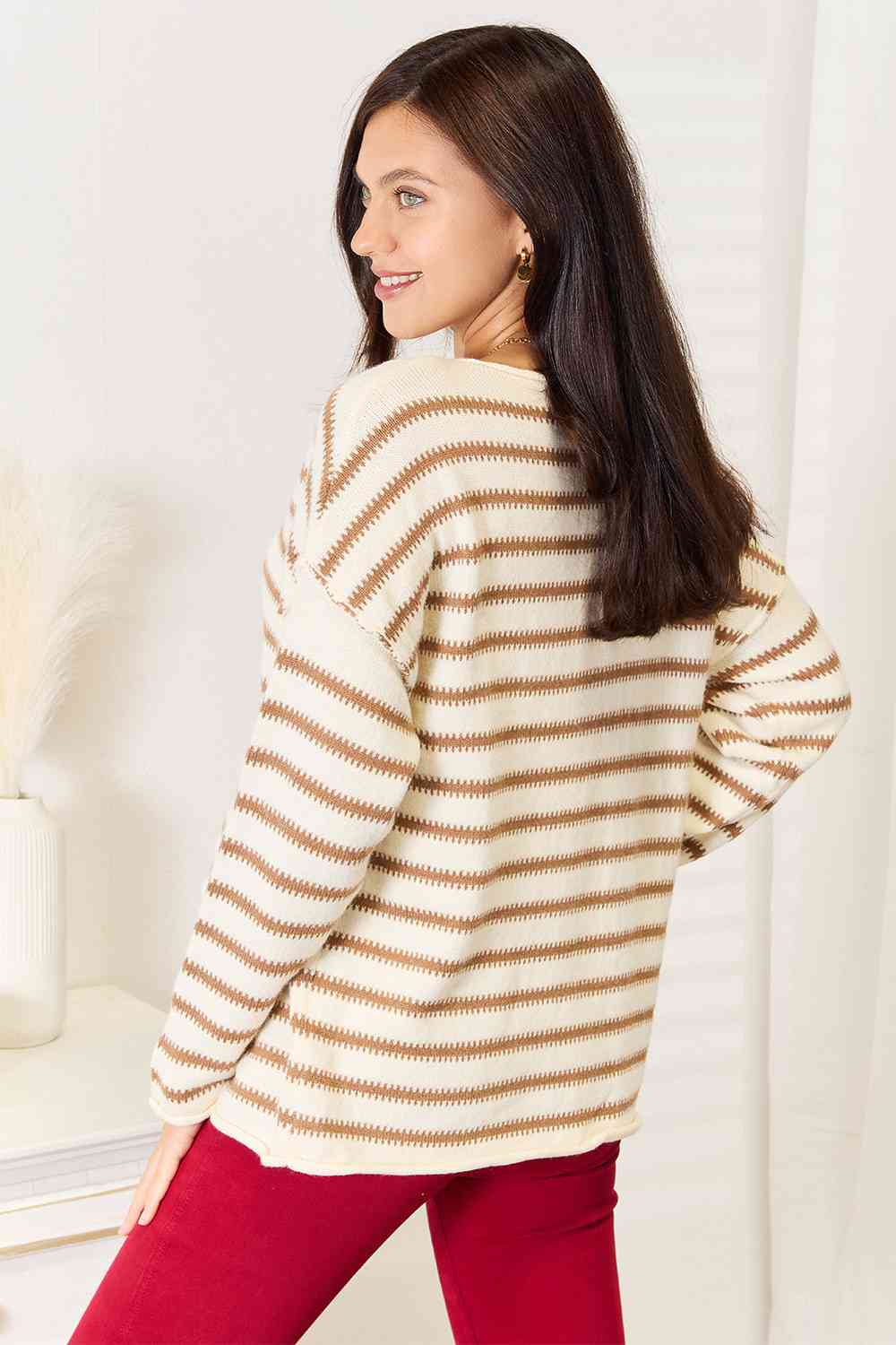 Double Take Striped Boat Neck Sweater - NeoKira Unlimited