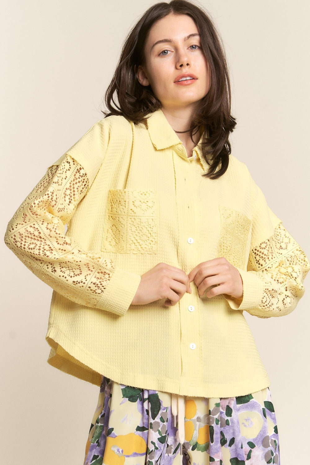 J.NNA Button Down Lace Long Sleeve Waffle Shirt Shirt Trendsi Yellow S 