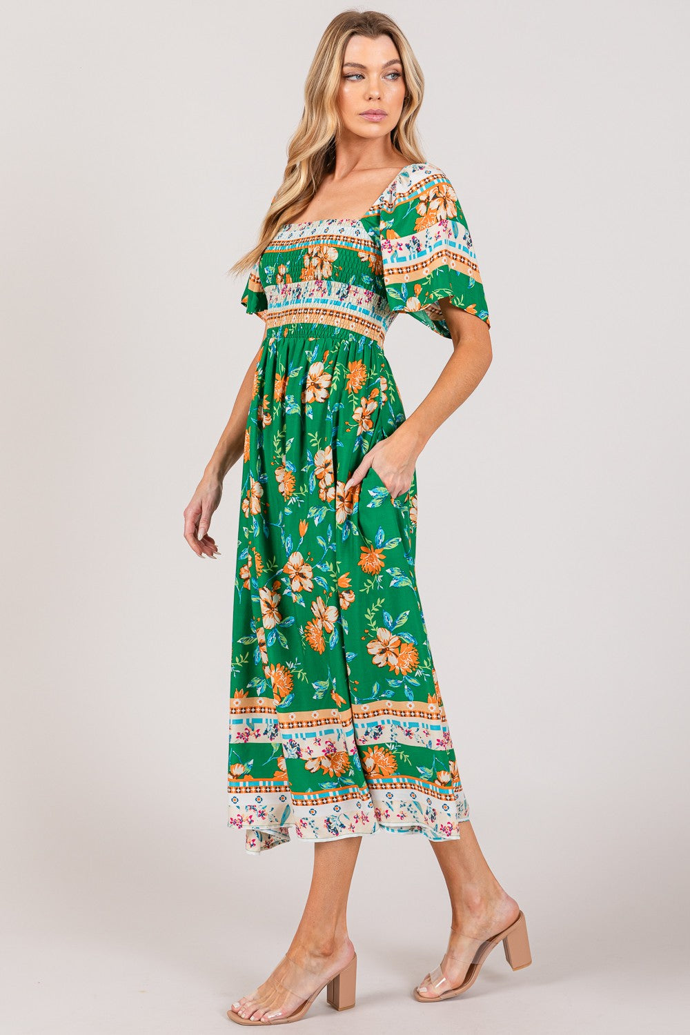 SAGE + FIG Printed Smocked Short Sleeve Midi Dress Midi Dress Trendsi   