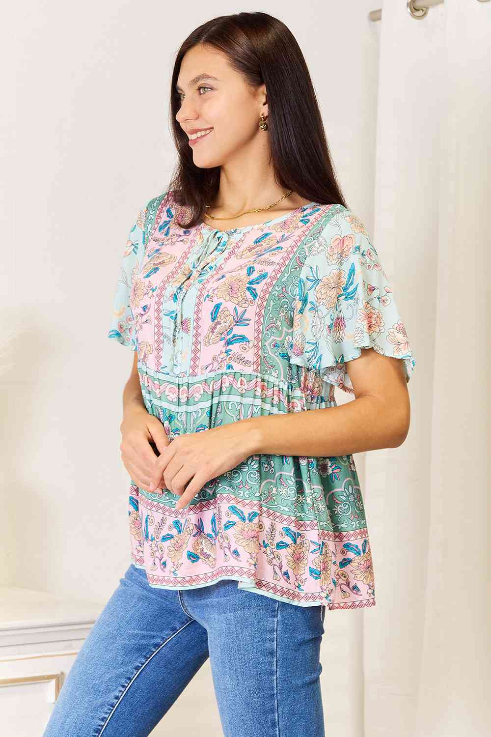 Double Take Floral Tie Neck Short Sleeve Blouse Top Trendsi   